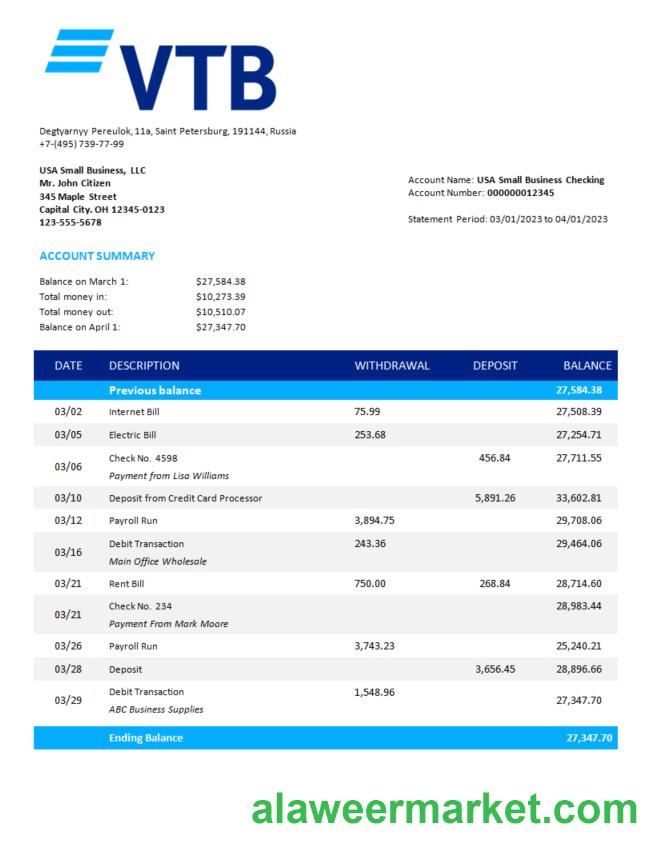 VTB Bank firm account statement Word and PDF template